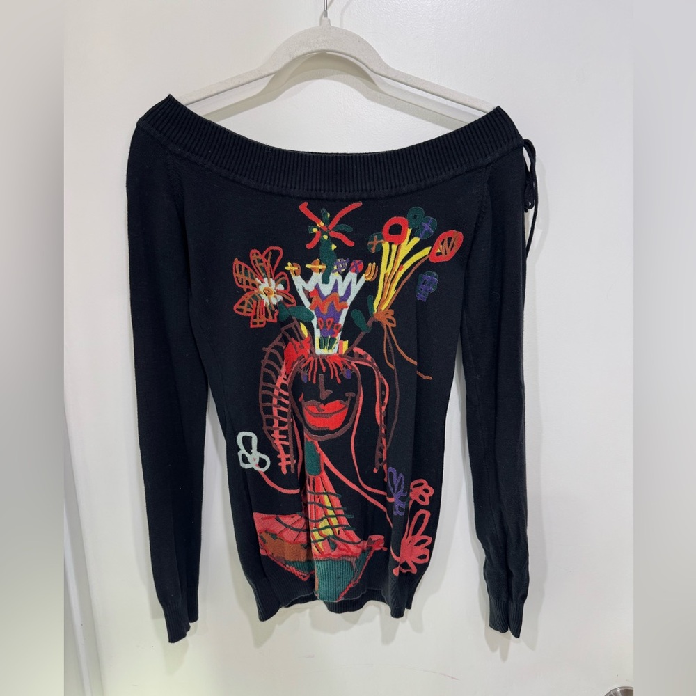 Desigual Black Off-the-Shoulder Sweater with Colorful Graphic size M